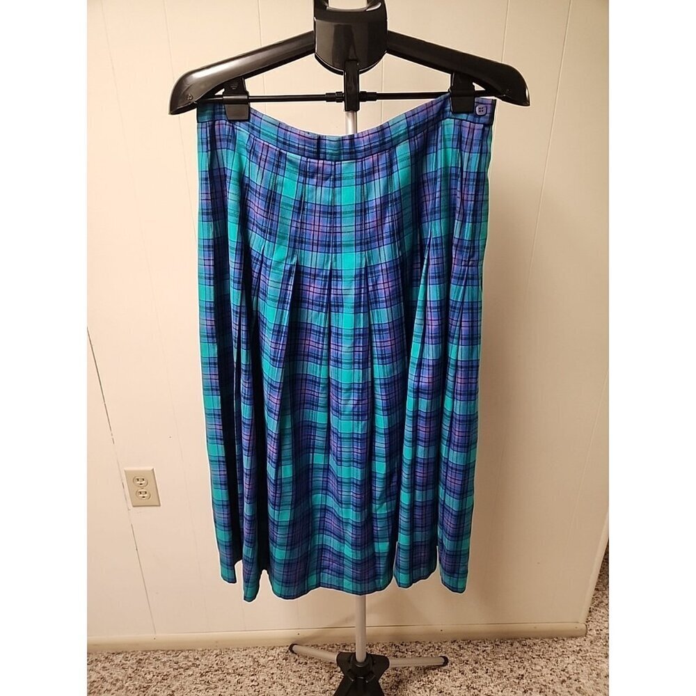 Pendleton Vintage Pleated Flare Turquoise Plaid Midi Skirt Size 16  Zip Button - Picture 2 of 8